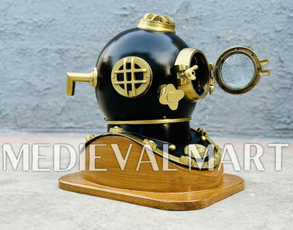 MEDIEVALMART Black Finish Diving Helmet With Wooden Base