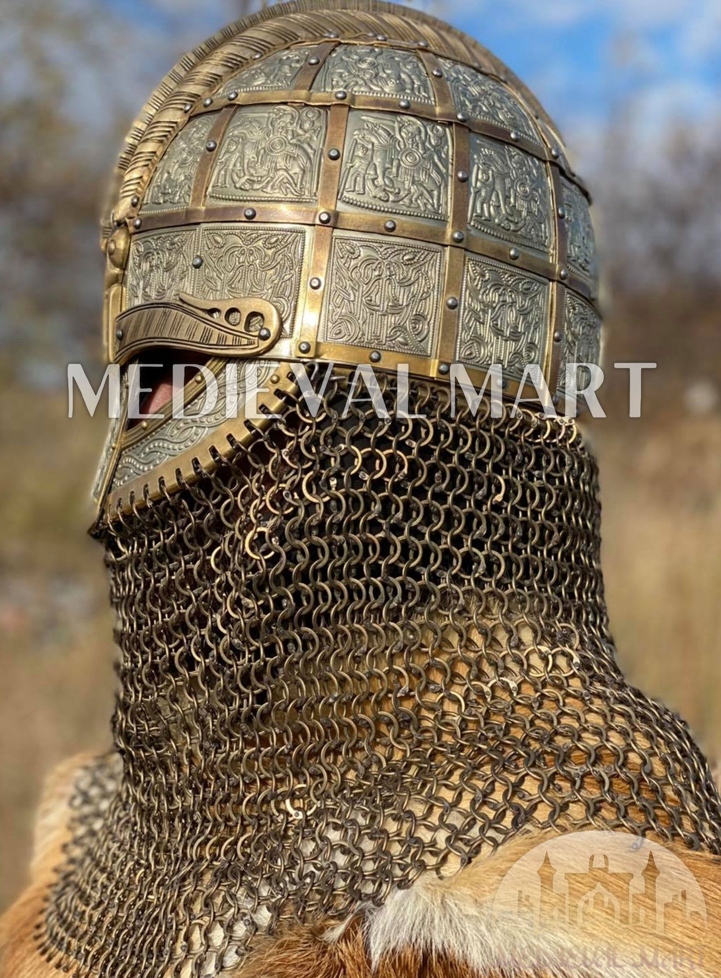MEDIEVALMART Medieval Viking Vendel Period Broa Helmet with Brass Decoration & Titanium Chainmail