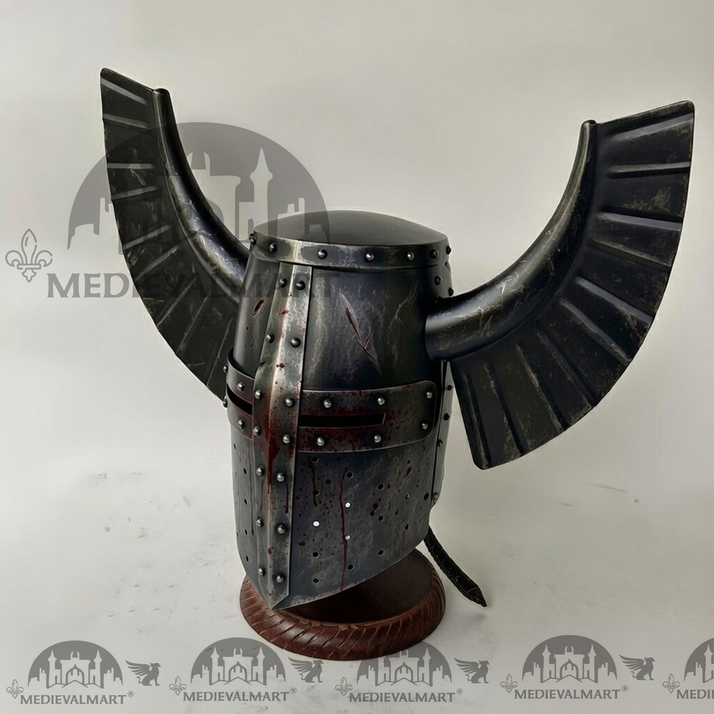 MEDIEVALMART Medieval Templar Warrior Teutonic Damage Black W/H Blood Finish Wing Helmet with Free Stand