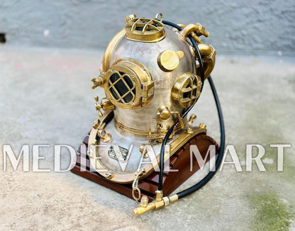 MEDIEVALMART  1945 US Navy Helium Copper brass Diving Helmet With Wooden Base