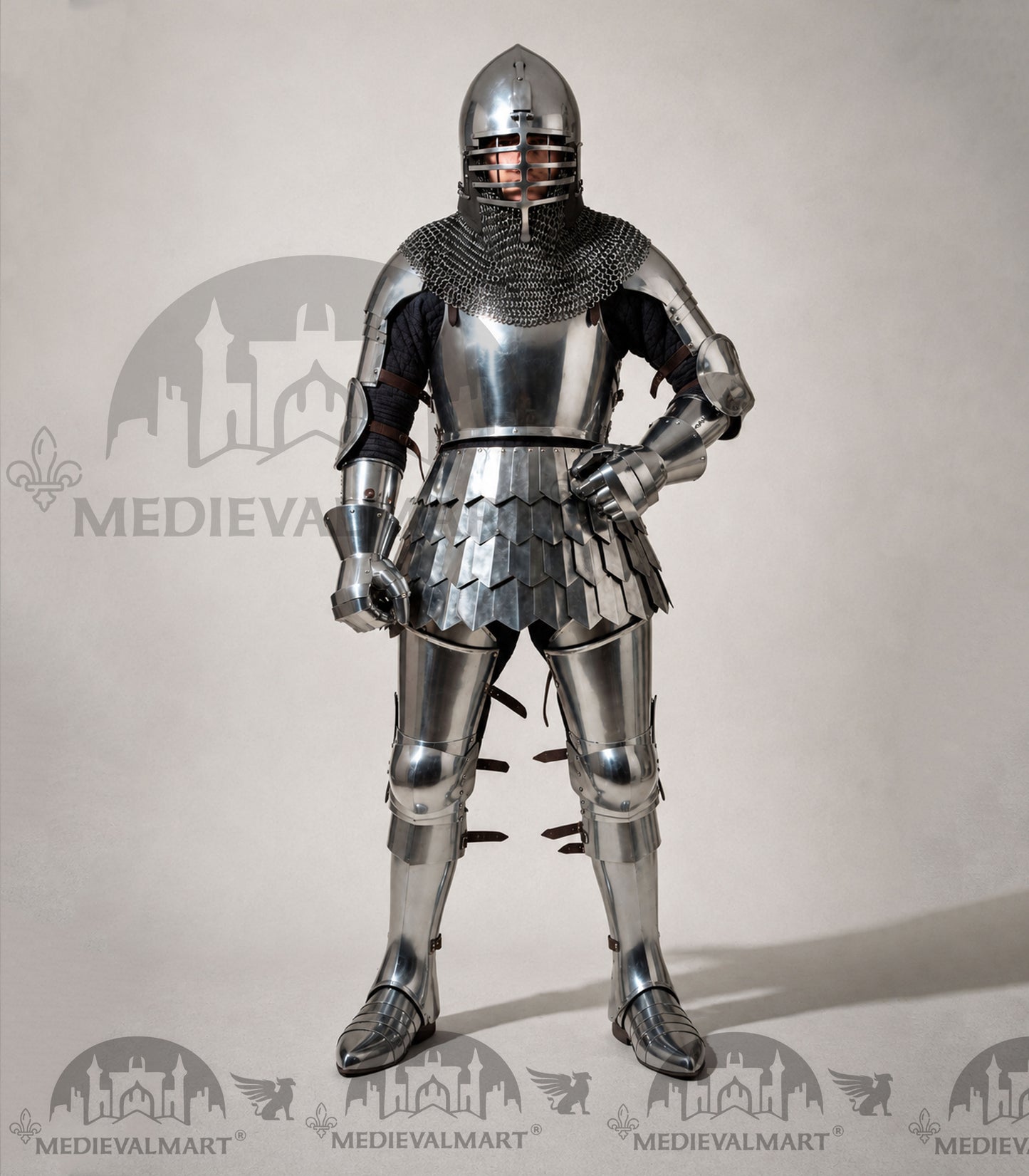 MEDIEVALMART 14th Century Knight Crusader-Era Transitional Plate Hybrid Armor W/H Wolf Ribs Bacinet & Pole Arms Hammer