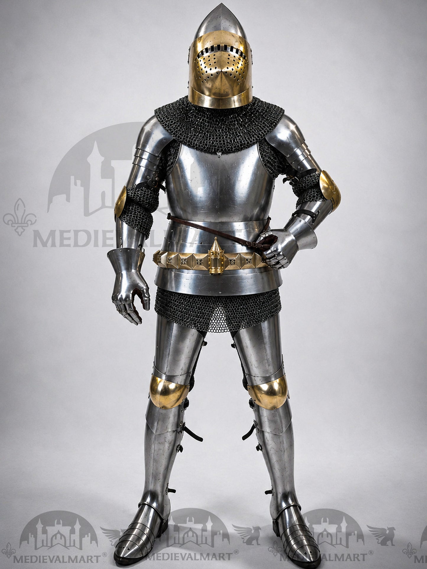 MEDIEVALMART Historical Knight Full Body Steel Armor Suit W/H Hundsgugel Helmet, Cuirass Stop Rib or Brass Touch