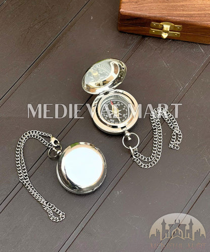 MEDIEVALMART Chrome Plate Nautical Engrave Locket Compass Silver Finish W/H Gen-2 Wooden Case | Gift For Mom