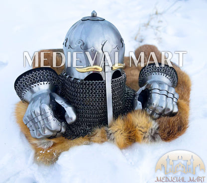MEDIEVALMART 13th-Century Medieval Nasal Bascinet Chain Mail Helmet