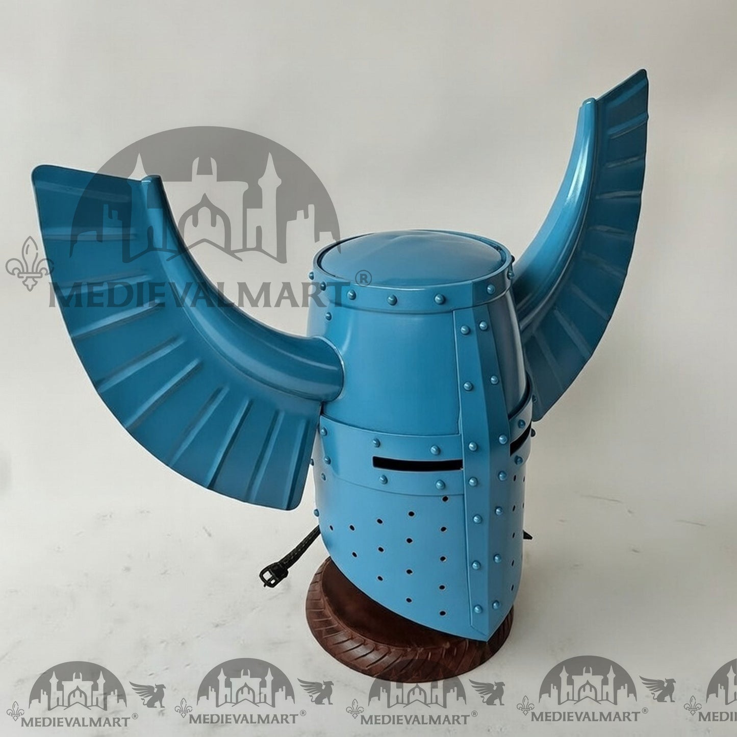 MEDIEVALMART Medieval Templar Warrior Teutonic Aqua Blue Finish Wing Helmet with Free Stand