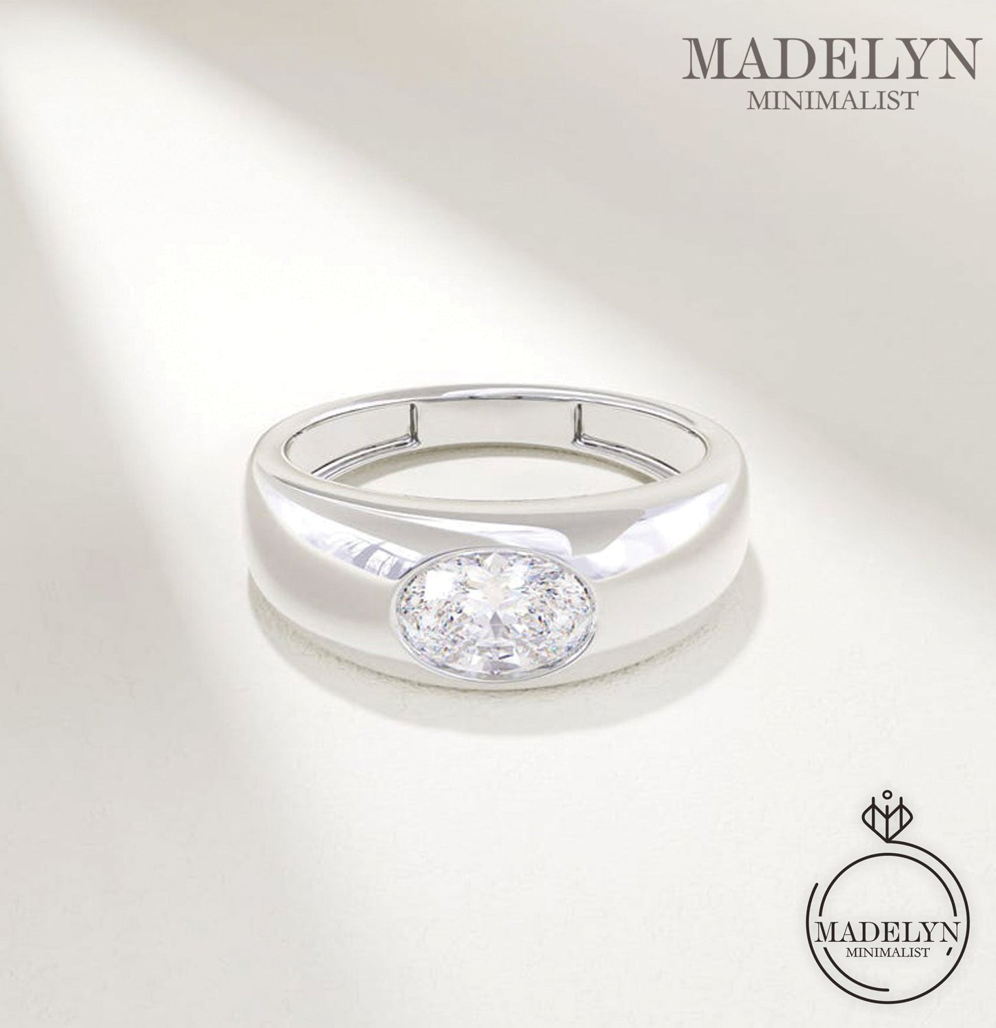 MADELYN MINIMALIST 14k Solid Gold Bezel Diamond Dome Engagement Ring Chunky Thick Band | Gift for Mom