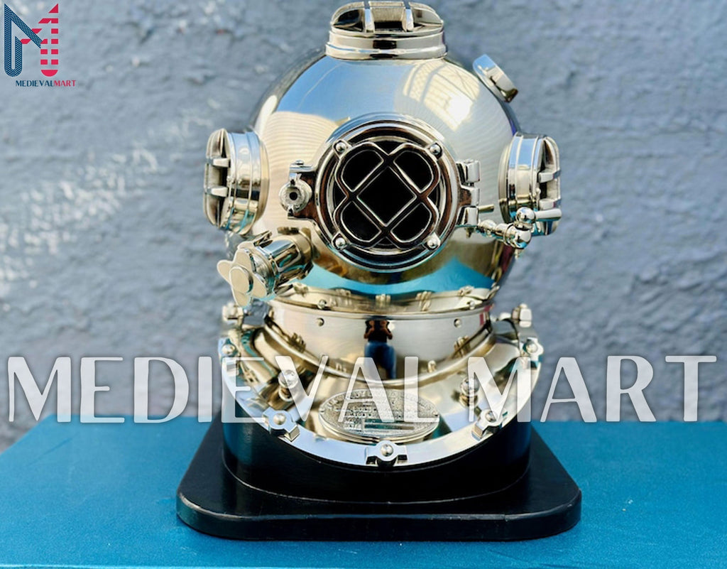 MEDIEVALMART Nautical Chrome Plated Diving Helmet With Wooden Base