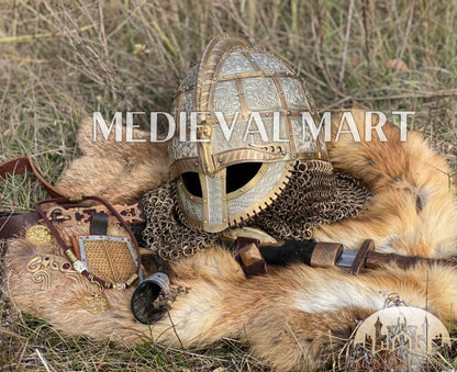 MEDIEVALMART Medieval Viking Vendel Period Broa Helmet with Bass Decoration & Titanium Chainmail