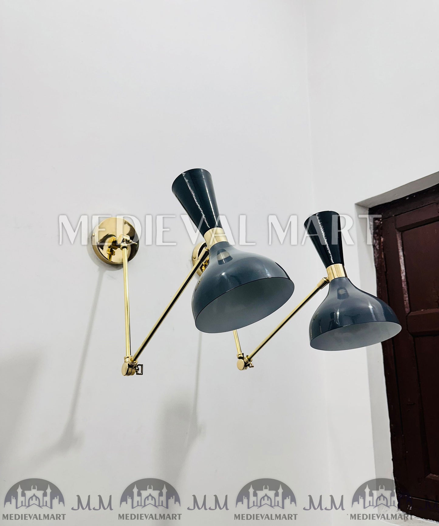 MEDIEVALMART Mid Century Brass Diabolo Wall Sconce Pair - Grey Italian Plug-in Lighting