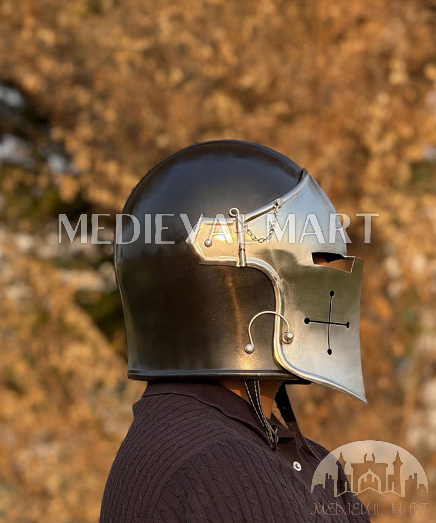 MEDIEVALMART Medieval Knight Armor 18g Mild Steel Black Barbuta Helmet for LARP or Cosplay - Gift For Dad