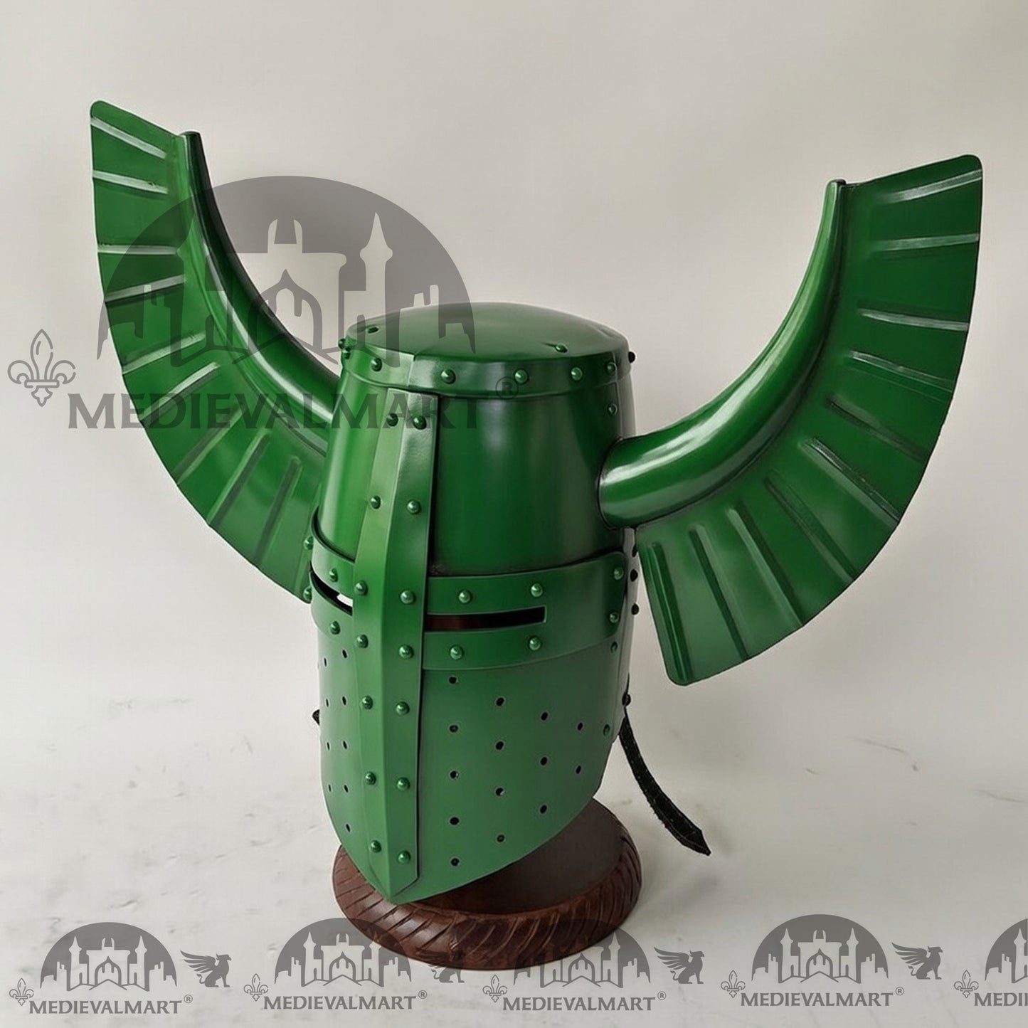MEDIEVALMART Medieval Templar Warrior Teutonic Green Finish Wing Helmet with Free Stand