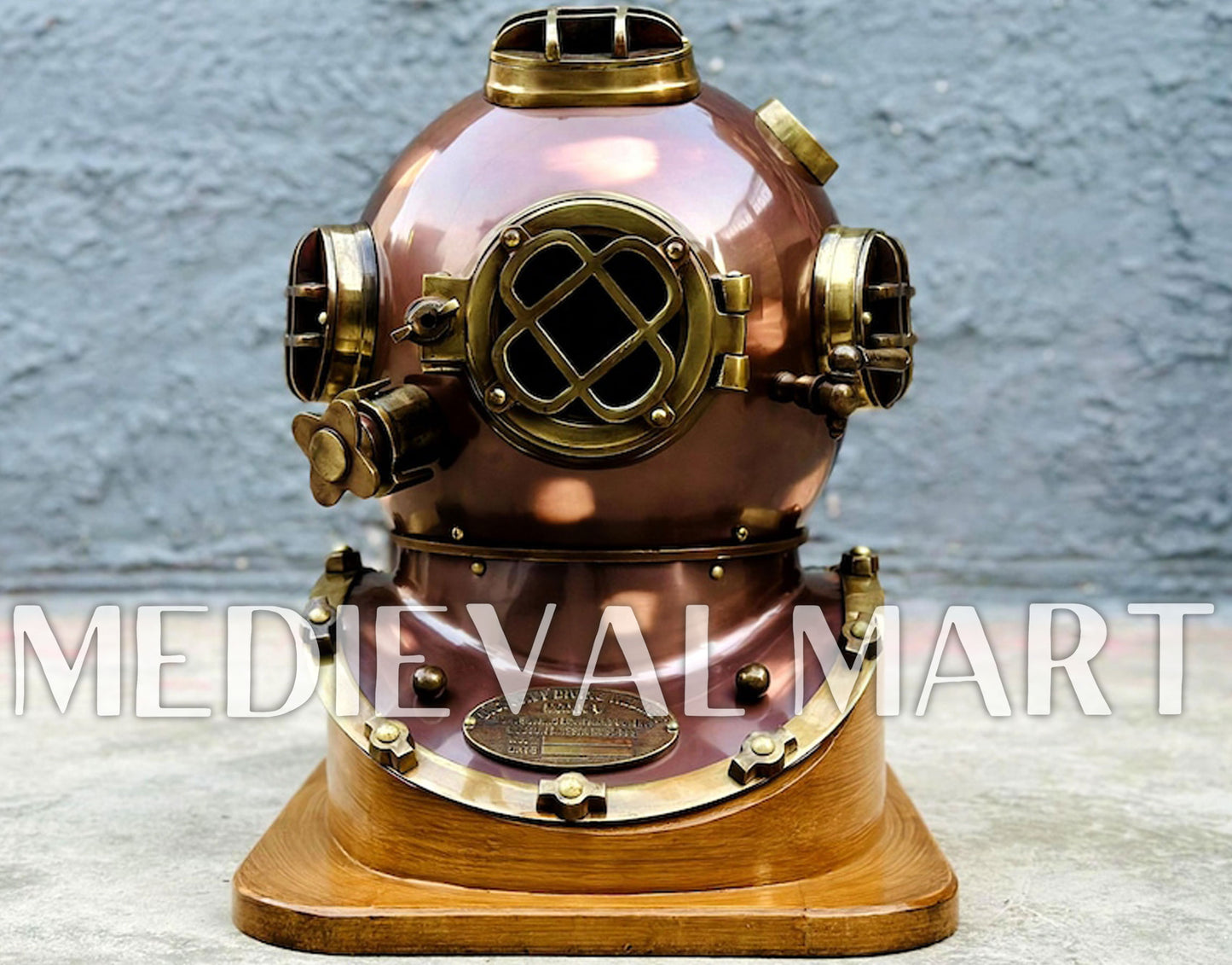 MEDIEVALMART Nautical Brown Finish Diving Helmet With Wooden Base