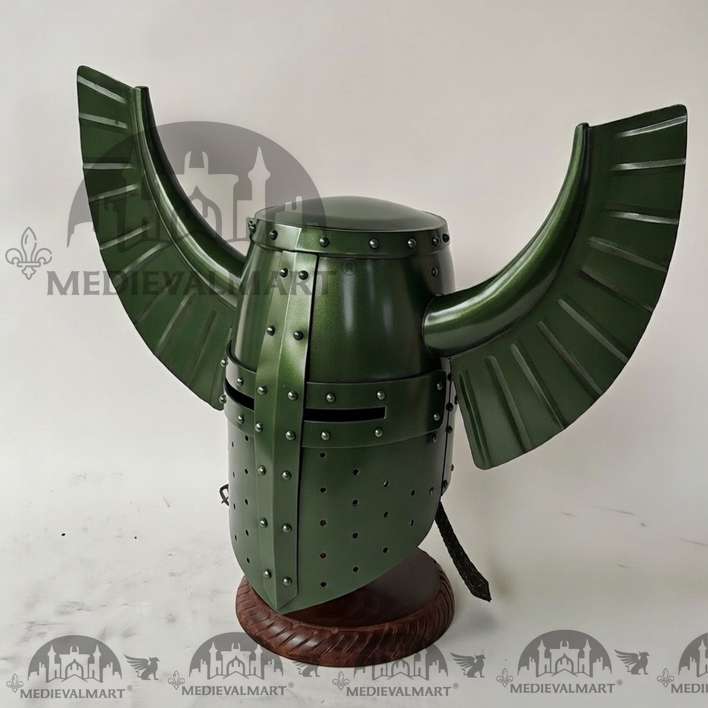 MEDIEVALMART Medieval Templar Warrior Teutonic Jade Green Finish Wing Helmet with Free Stand