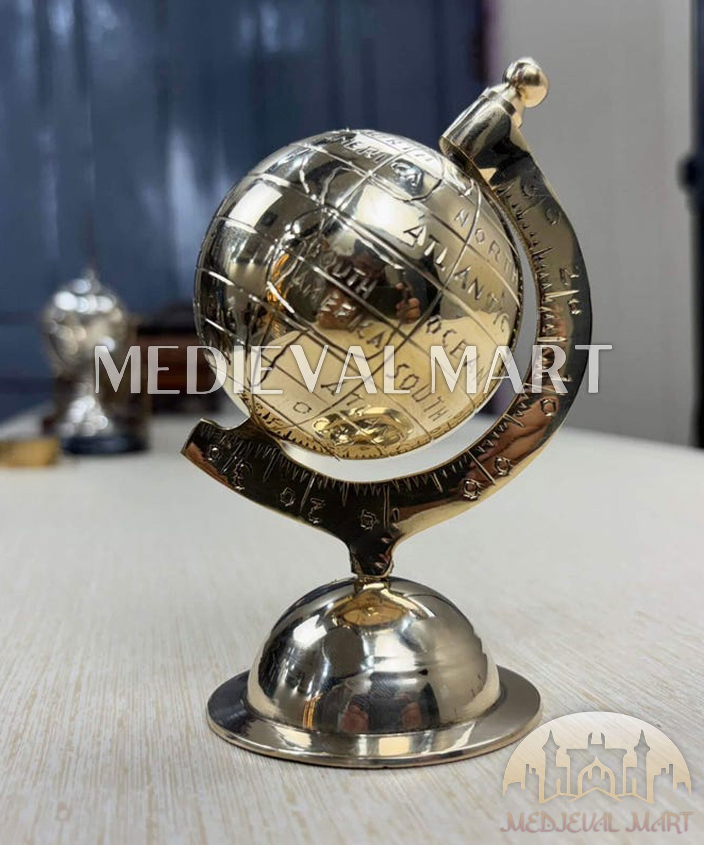 MEDIEVALMART Handmade Solid Brass World Globe: Etched Map, Rotating Desk Decor Gift for Christmas Day