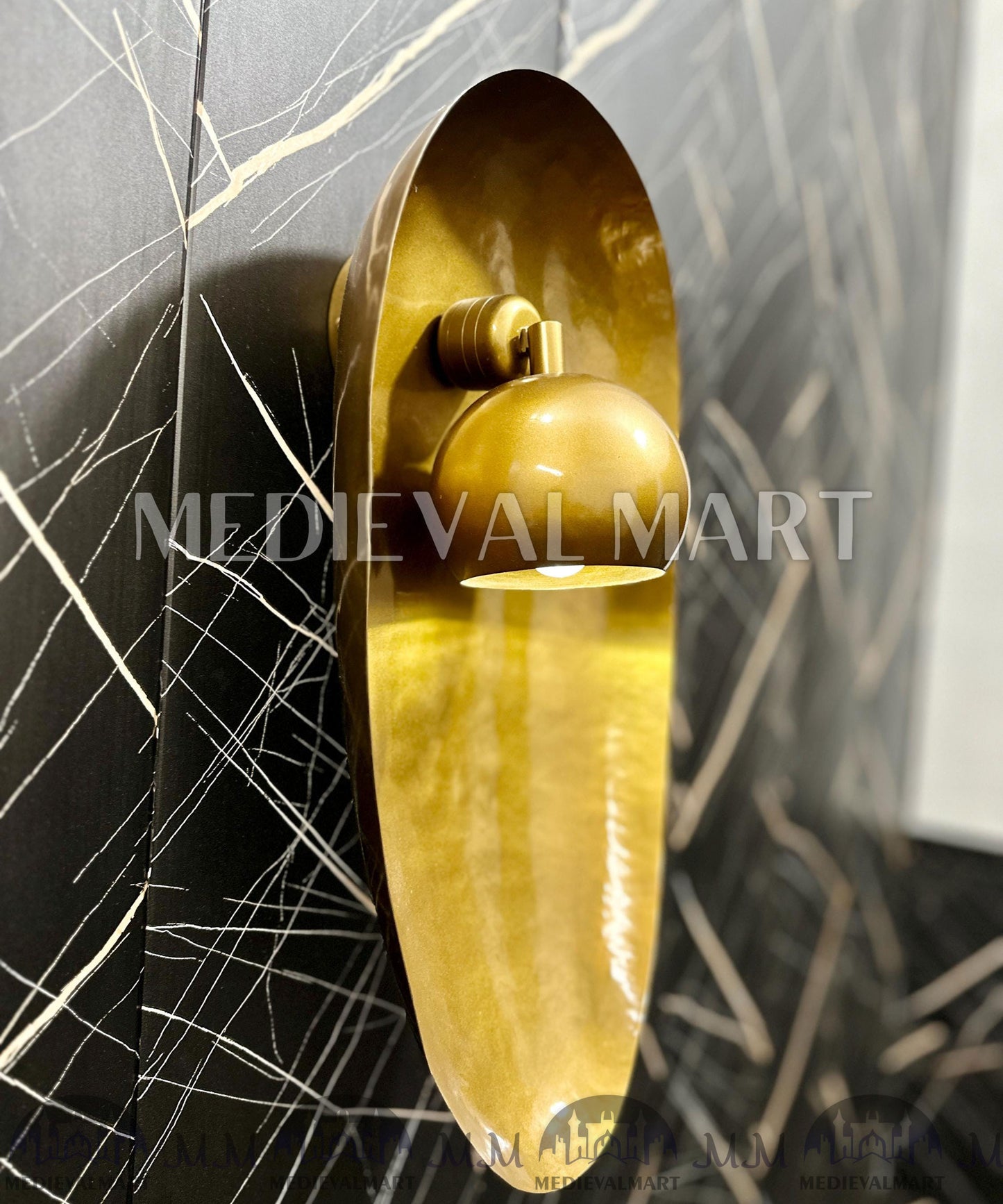 MEDIEVALMART 1950s Modern Brass Wall Sconce: Mid-Century Gold Dome Lamp