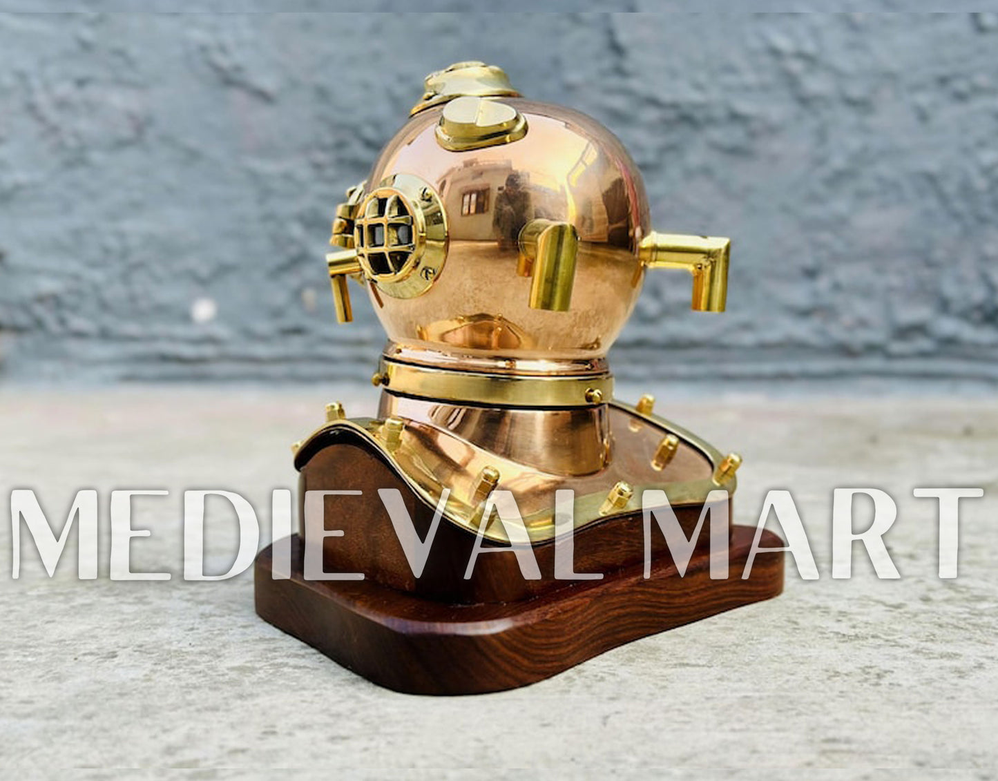 MEDIEVALMART 6"INCH Pure Cooper Brass Diving Helmet With Wooden Base