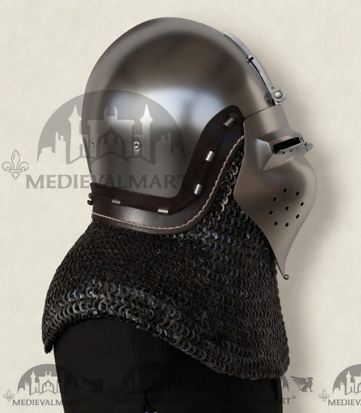 MEDIEVALMART XIV Century Medieval "The Wayward Knight" klappvisor Bascinet Helmet with Chainmail