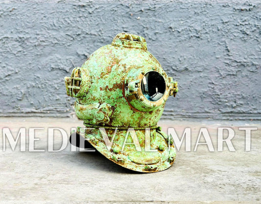 MEDIEVALMART Rusty Lite Green Diving Helmet With Wooden Base