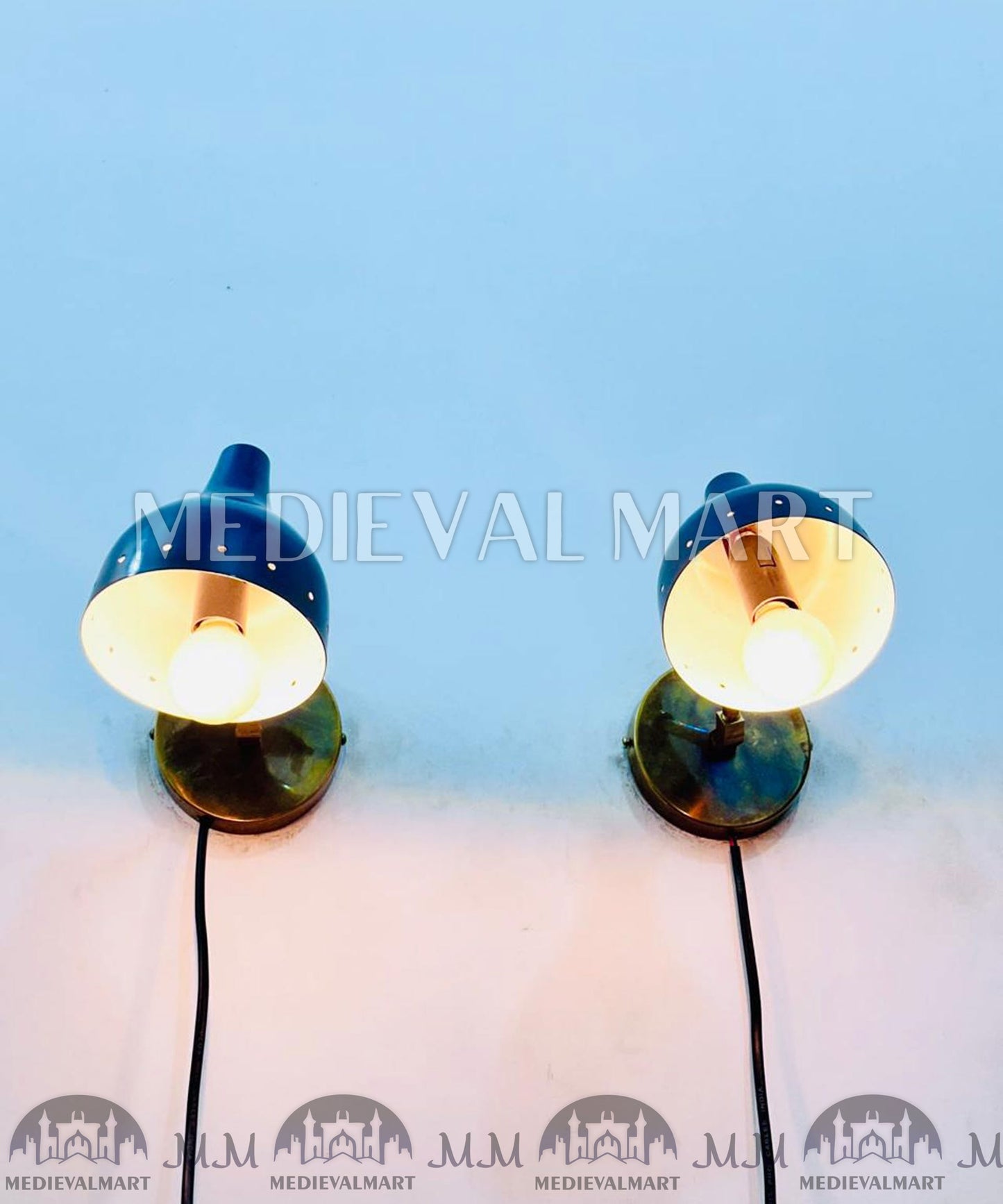 MEDIEVALMART Mid Century Brass Diabolo Wall Sconce: Navy Blue Adjustable Light (Set of Two)