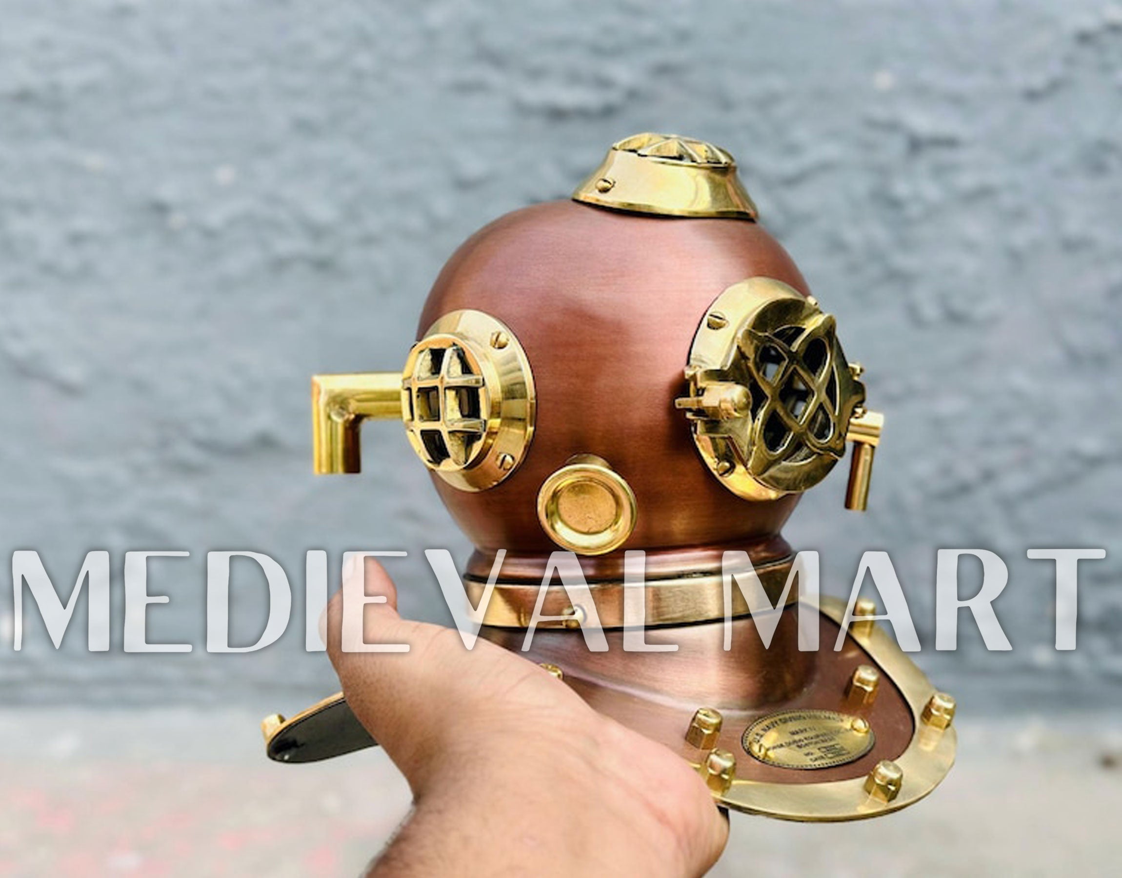 MEDIEVALMART 6"INCH Brown Diving Helmet With Wooden Base