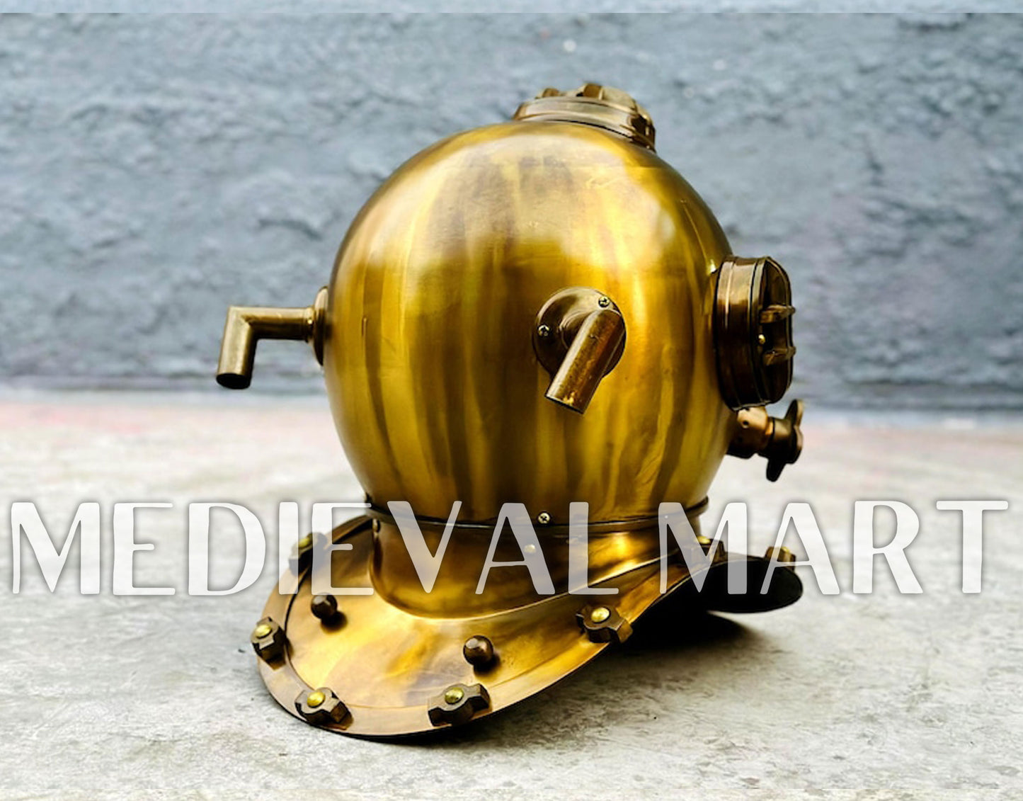 MEDIEVALMART Antique Gold Finish Diving Helmet With Wooden Base