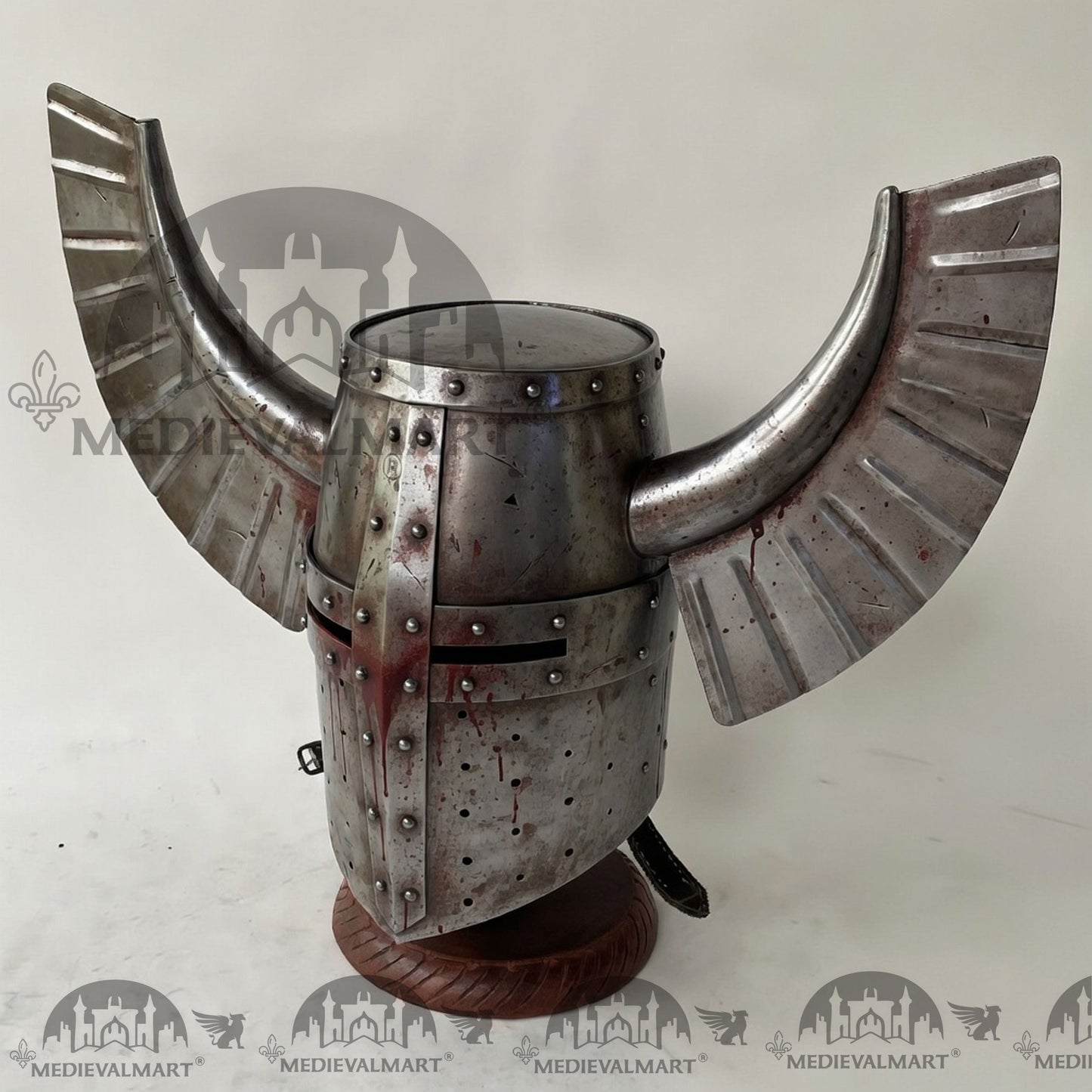 MEDIEVALMART Medieval Templar Warrior Teutonic Damage Silver W/H Blood Finish Wing Helmet with Free Stand