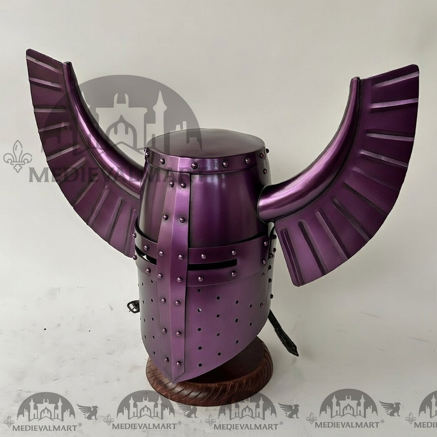 MEDIEVALMART Medieval Templar Warrior Teutonic Purple Finish Wing Helmet with Free Stand