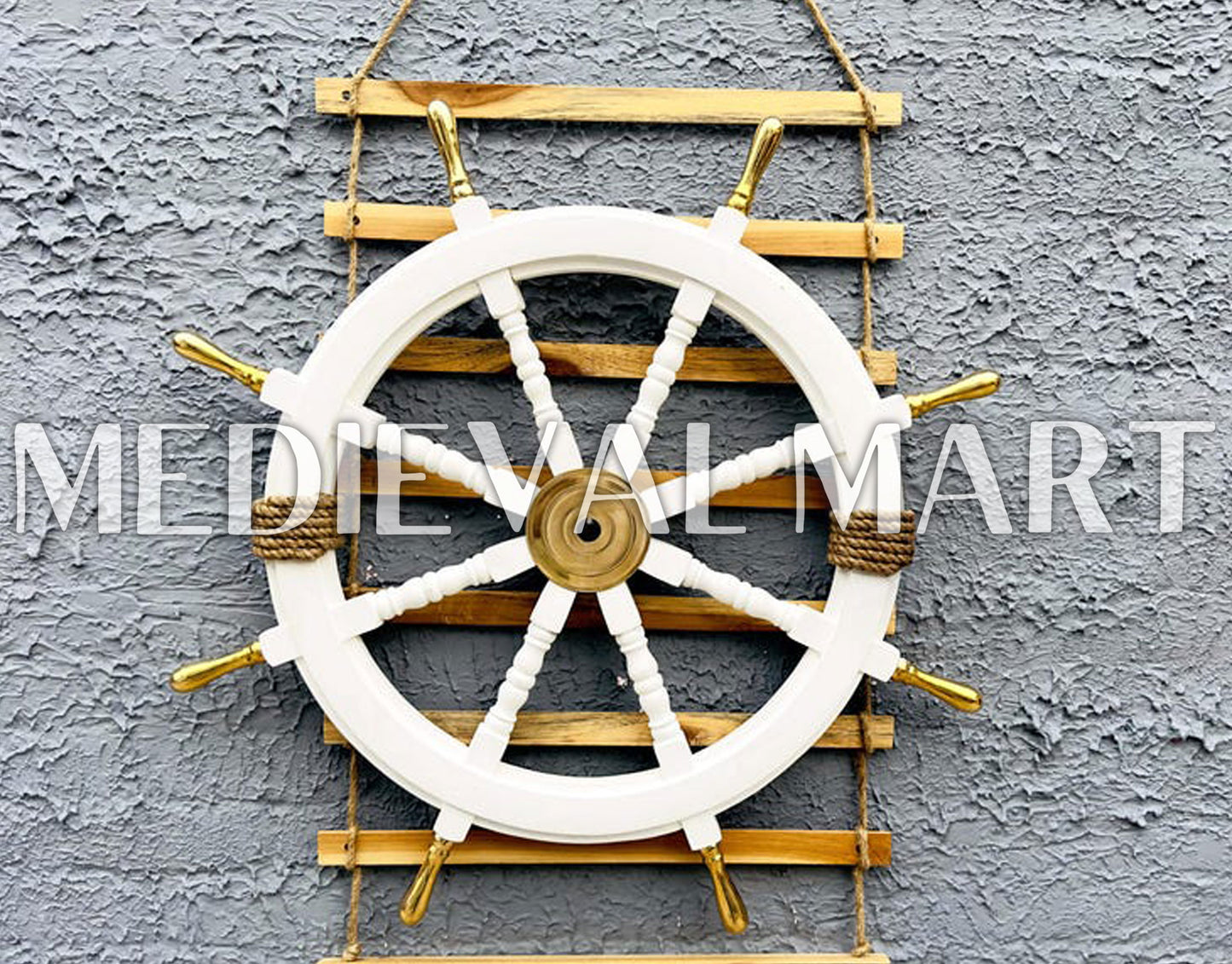 MEDIEVALMART Nautical Brass Decoration Wooden Ship Wheel White Finish - Personal Engraving Marine Wall Decor