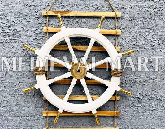 MEDIEVALMART Nautical Brass Decoration Wooden Ship Wheel White Finish - Personal Engraving Marine Wall Decor