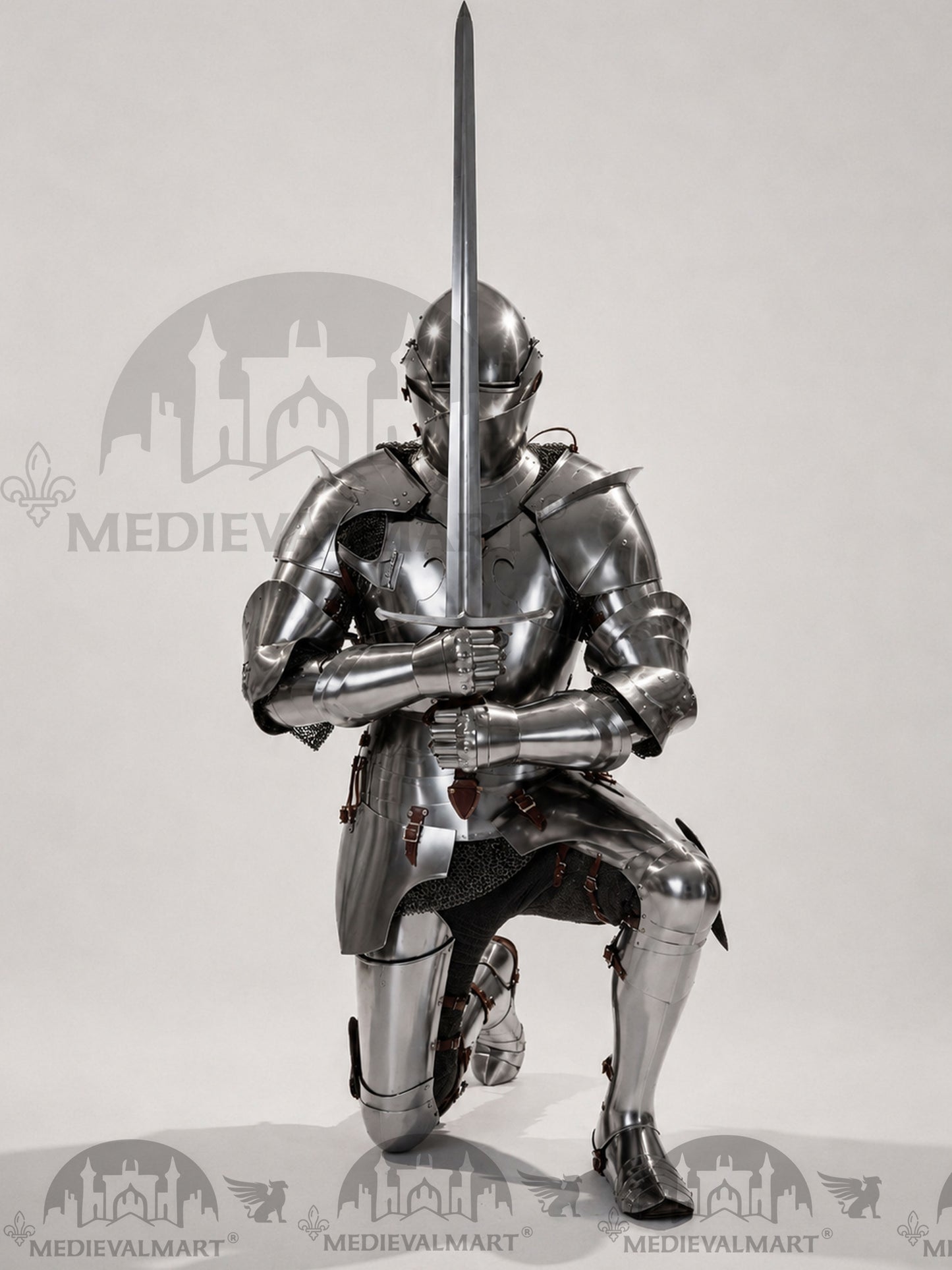 MEDIEVALMART 14th-Cen European English Hardend Steel Plate Armor Buff Polish W/H Houndskull Closed Bascinet