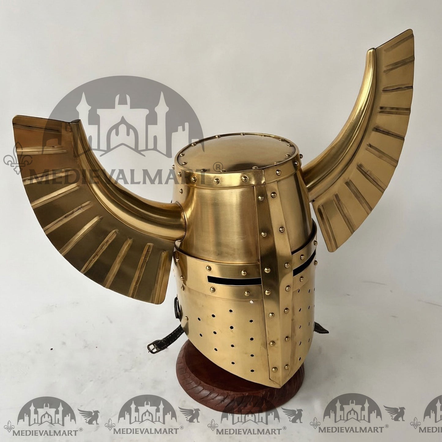 MEDIEVALMART Medieval Templar Warrior Teutonic Wing Helmet Gold Finish with Free Stand