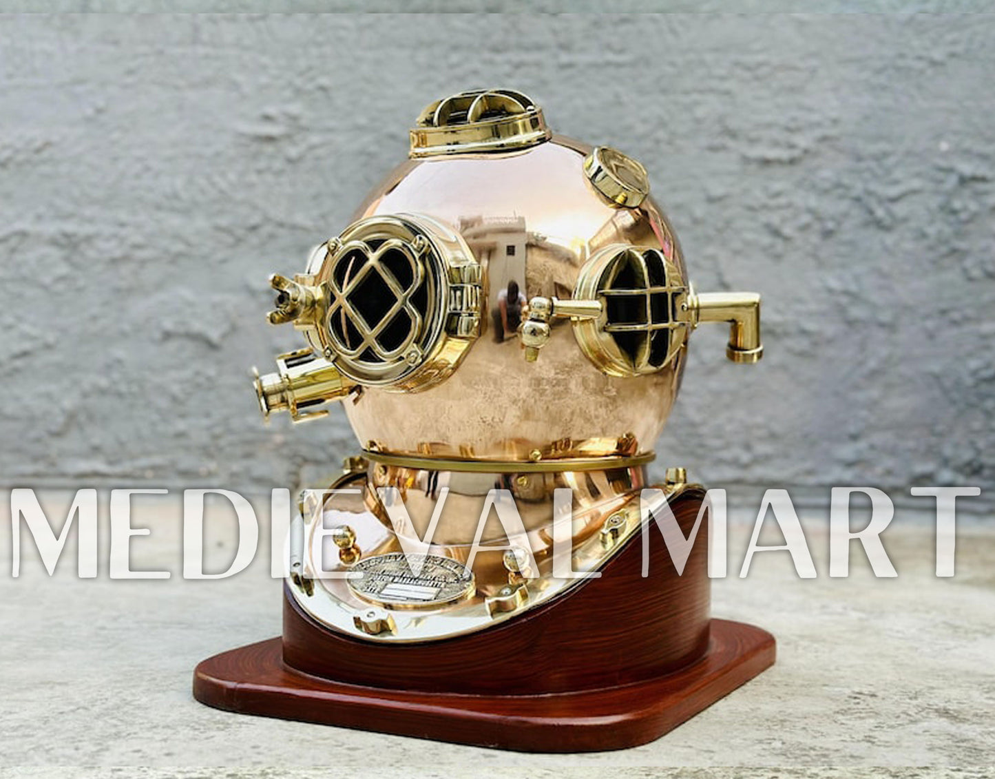 MEDIEVALMART Pure Copper Brass Diving Helmet With Wooden Base
