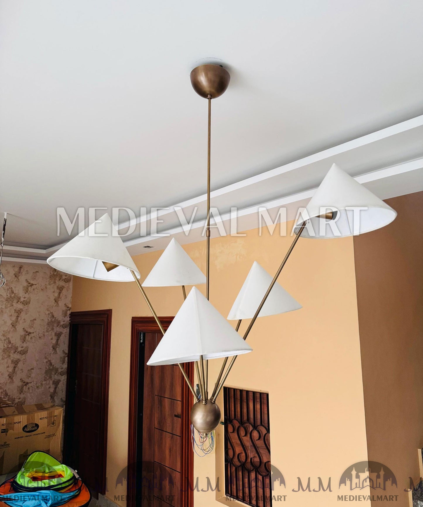 MEDIEVALMART Hand Crafted Brass Sputnik Chandelier with Linen Shades | Modern 5 Arm Chandelier Light Fixture