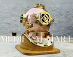 MEDIEVALMART Nautical Rose Gold Finish Diving Helmet With Wooden Base