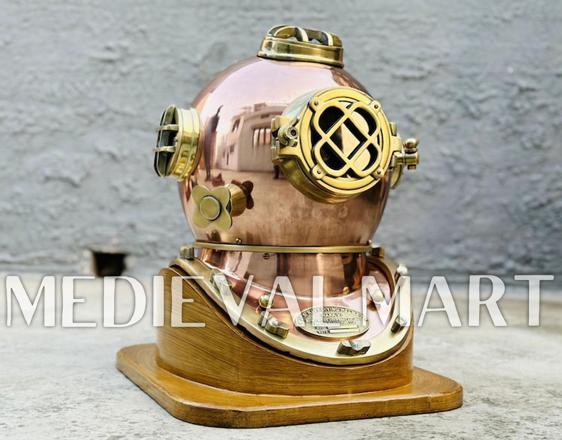 MEDIEVALMART Nautical Rose Gold Finish Diving Helmet With Wooden Base