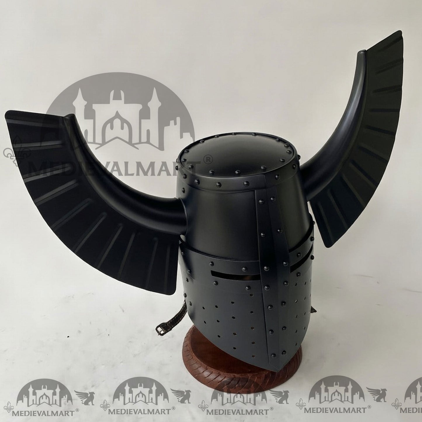 MEDIEVALMART Medieval Templar Warrior Teutonic Wing Helmet Black Finish with Free Stand