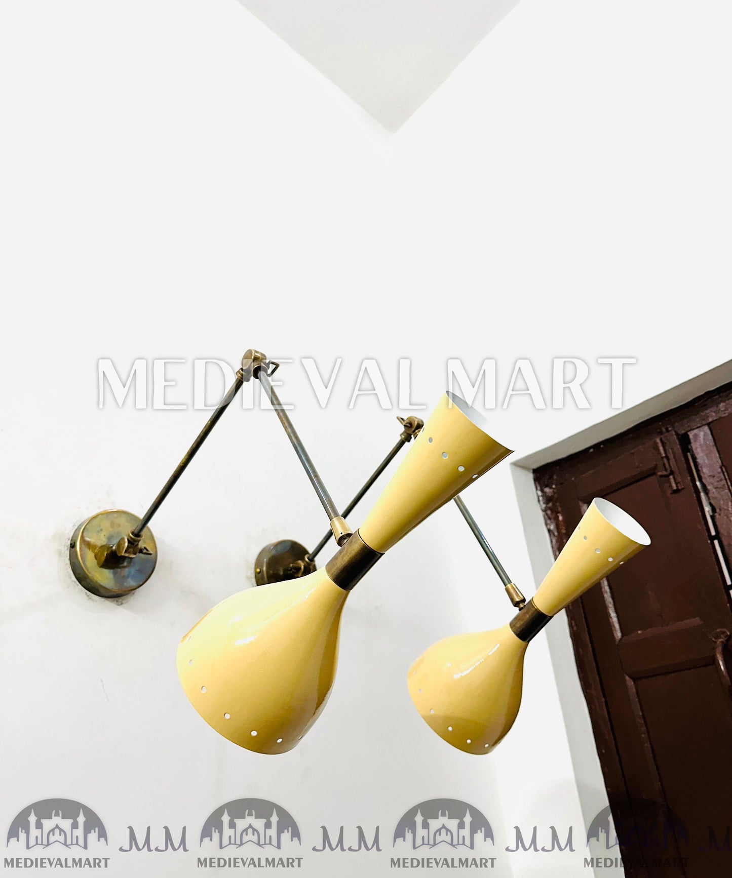 MEDIEVALMART Mid Century Brass Wall Sconce Lamp Italian Stilnovo Lighting Pair Fixtures