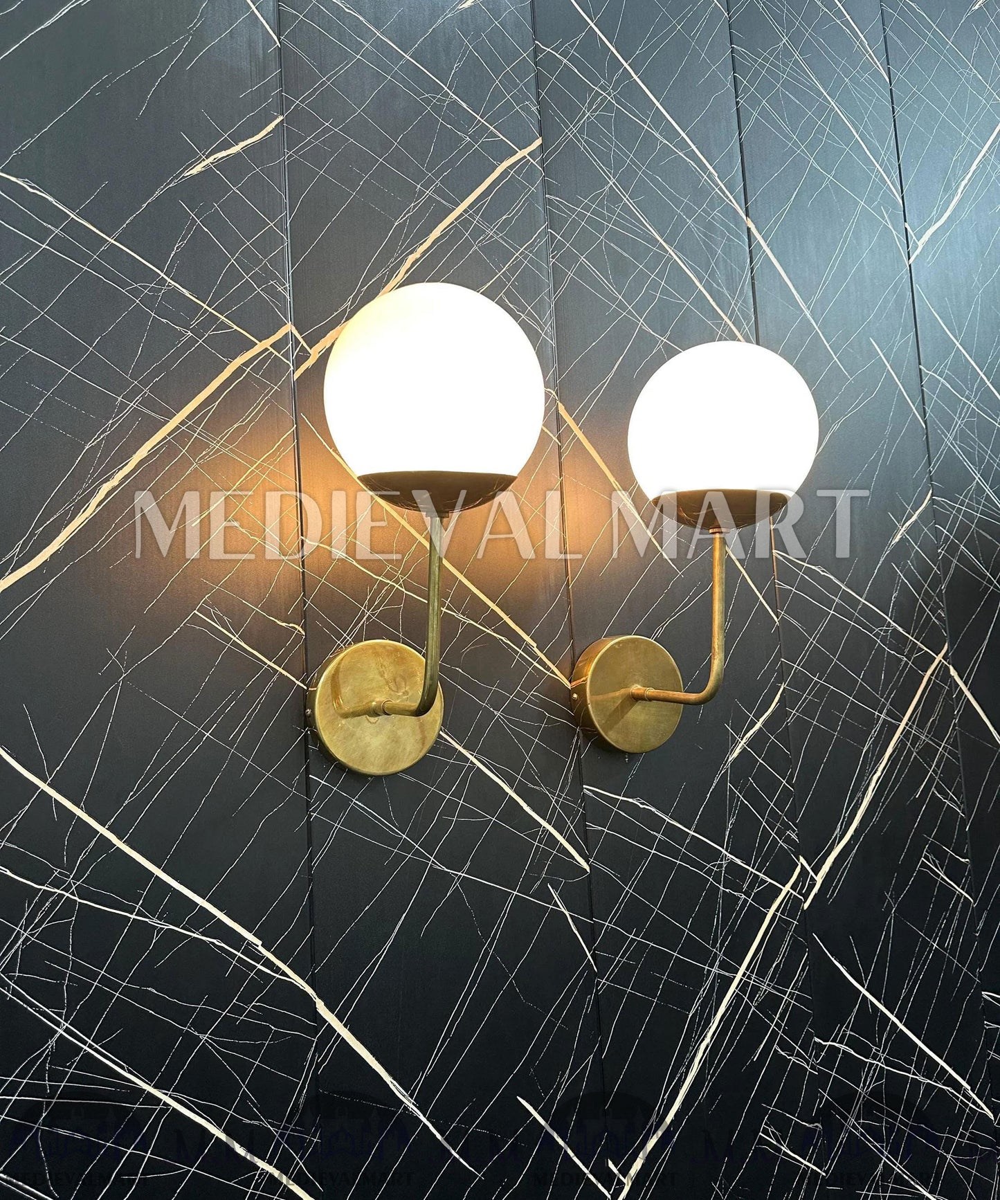 MEDIEVALMART Modern Brass Wall Sconce: Nordic Milky Globe Bathroom Light