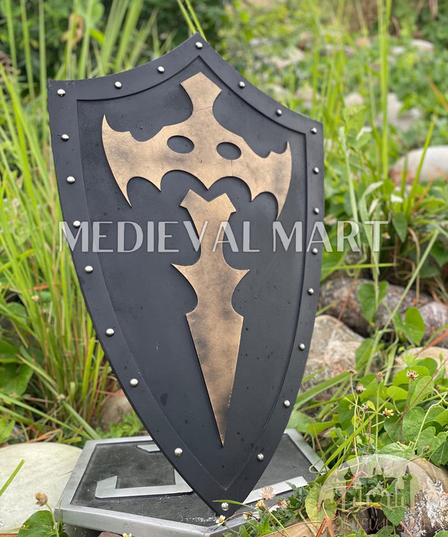 MEDIEVALMART Medieval Templar Bat Inspired Wooden Shield Black & Gold Finish | Gift for Christmas Day