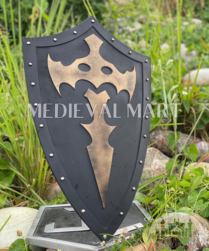 MEDIEVALMART Medieval Templar Bat Inspired Wooden Shield Black & Gold Finish | Gift for Christmas Day