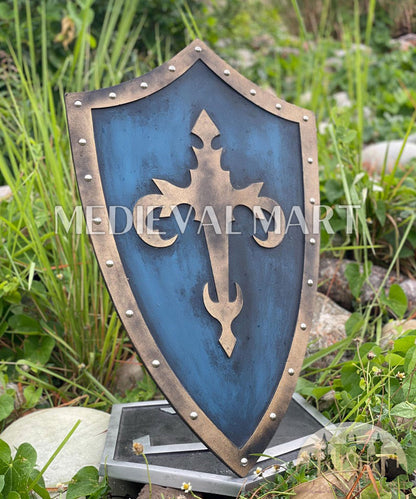 MEDIEVALMART Medieval Templar Devil Zelda Cross Inspired Wooden Shield Bliue & Gold Finish | Gift for Christmas Day