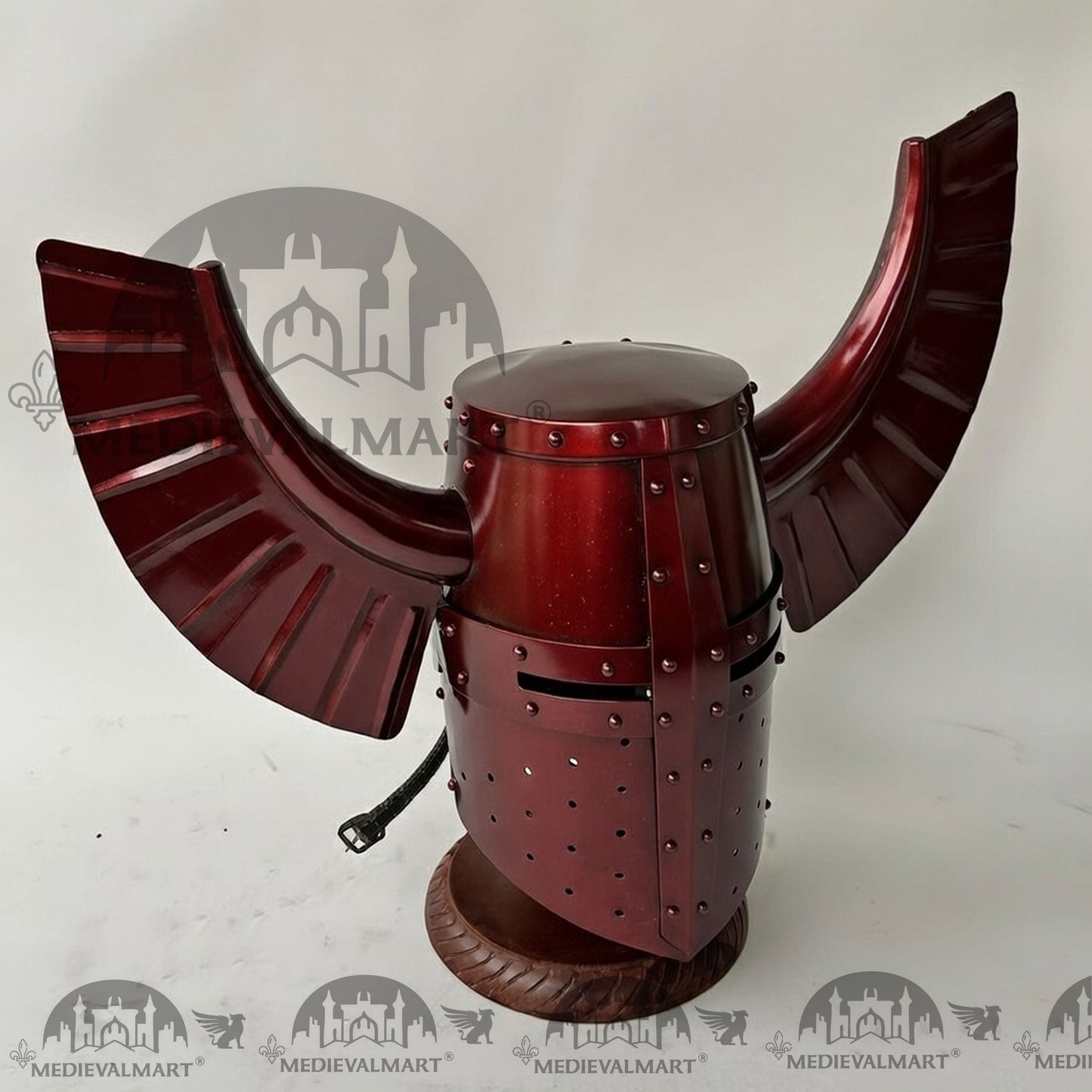 MEDIEVALMART Medieval Templar Warrior Teutonic Maroon Red Finish Wing Helmet with Free Stand