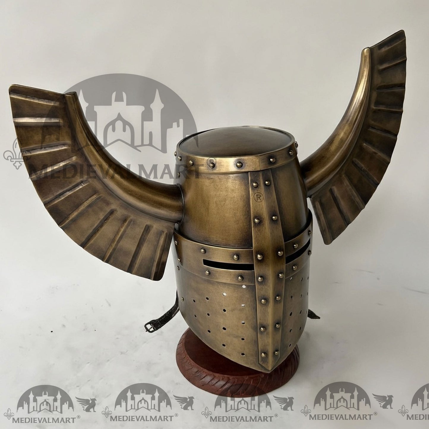 MEDIEVALMART Medieval Templar Warrior Teutonic Antique Gold Finish Wing Helmet with Free Stand