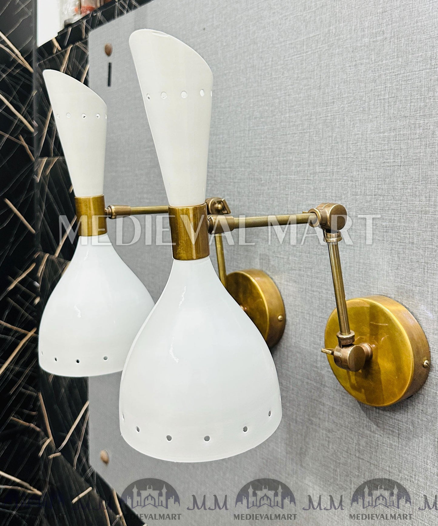 MEDIEVALMART Mid Century Italian Brass Wall Sconce Pair: Cream Diabolo Lamps