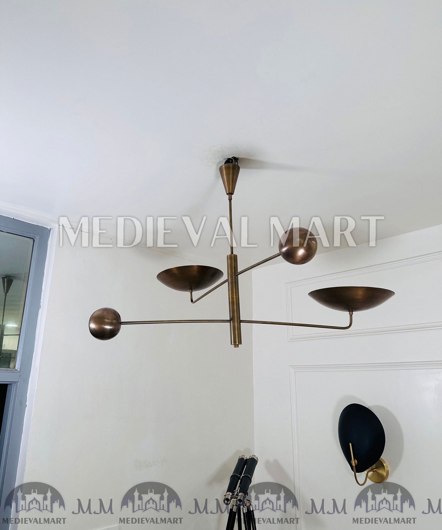 MEDIEVALMART Antique Italian Brass Mid Century Modern Chandelier | 2-Light Counterweight Fixture