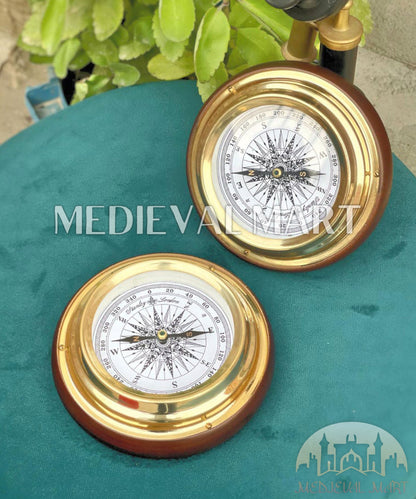 MEDIEVALMART Nautical Vintage Trip Gear Brass Compass Shiny Gold Finish W/H Wooden Base | Gift For Mom, Dad