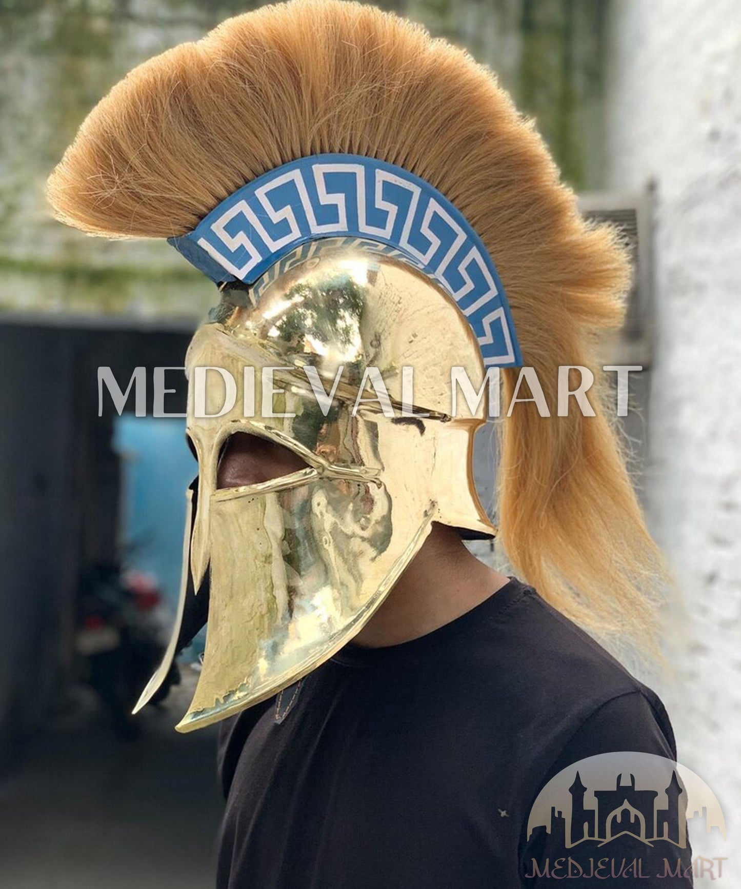 MEDIEVALMART "7th Cen BCE" Greek Corinthian Shiny Brass Finish Full Size Royal Helmet W/H Plume or Free Stand | Greek Props