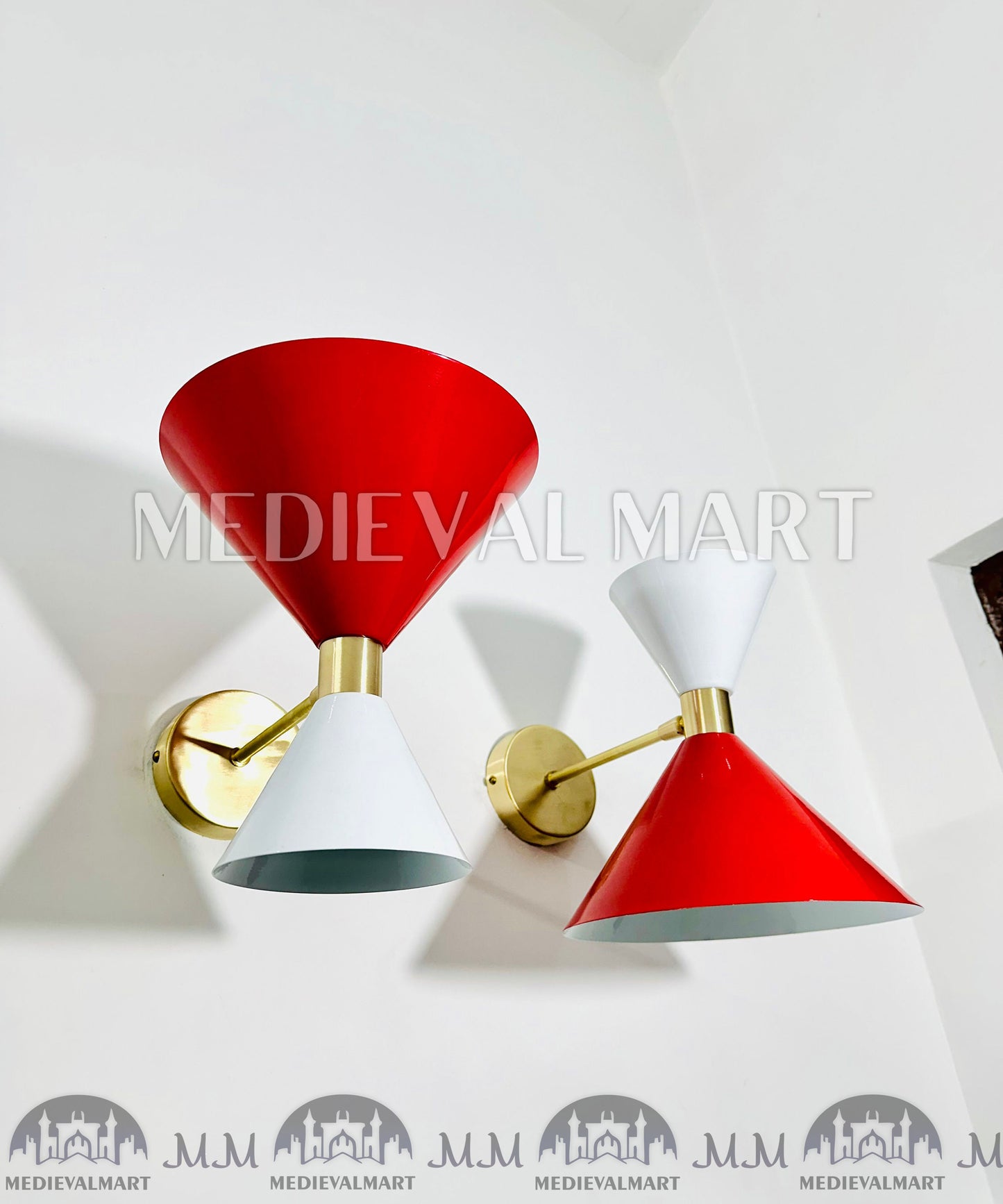 MEDIEVALMART 1950s Mid Century Italian Diabolo Wall Sconce Pair: Red & White Lighting Decor