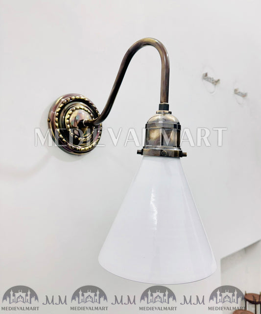 MEDIEVALMART Mid Century Modern Brass Diabolo Wall Lamp - White Glass Sconce