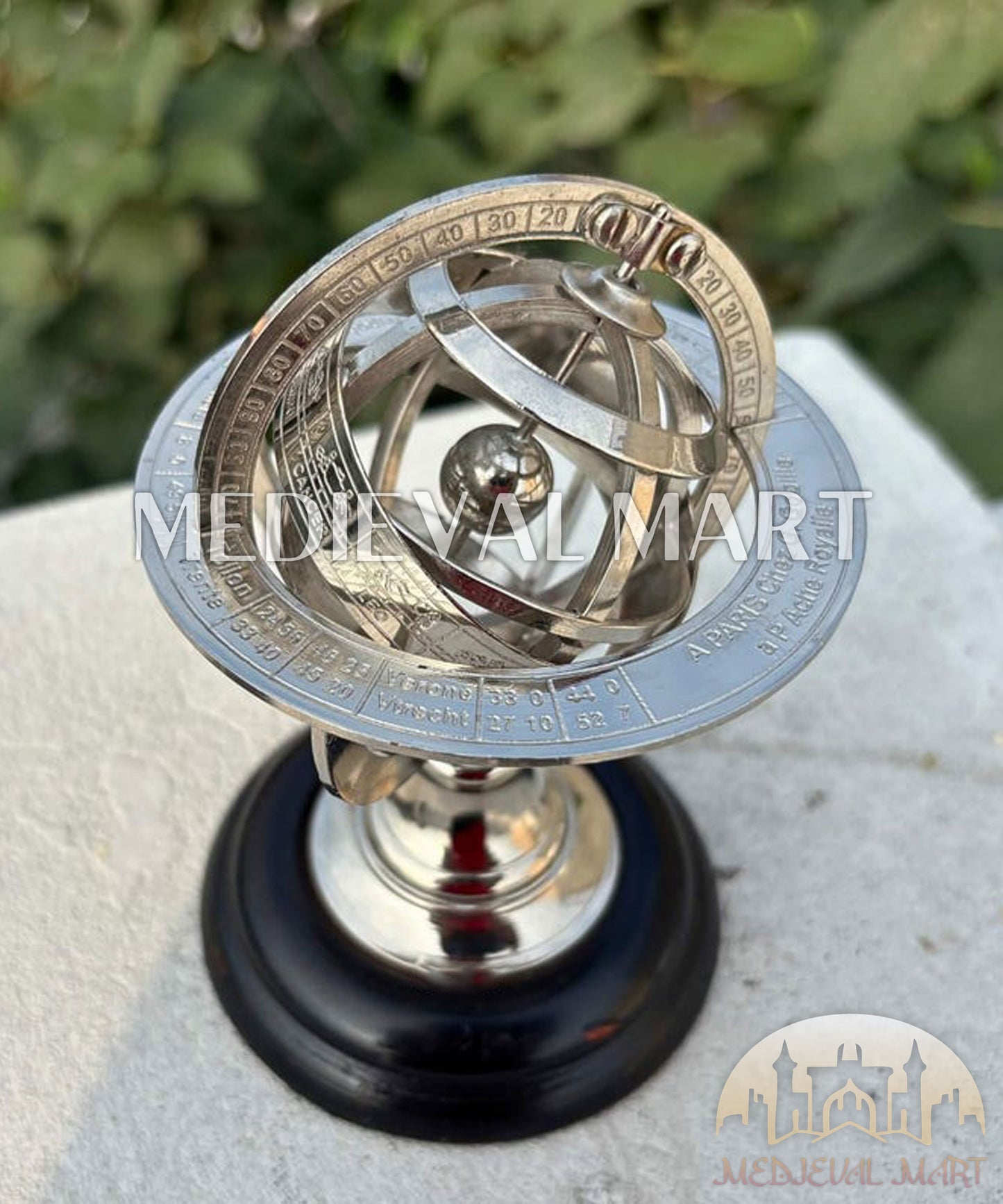 MEDIEVALMART Handmade Nickel Brass Celestial Globe: Zodiac Armillary Sphere on Wood Base Gift for Mom